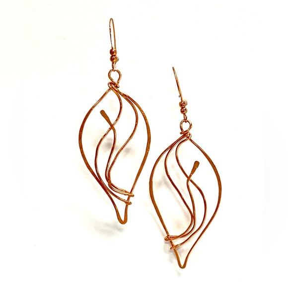 HANDMADE Hand Wrapped Pure Bare Copper Minimalistic Modern Leaf Dangle Earrings - Picture 1 of 10